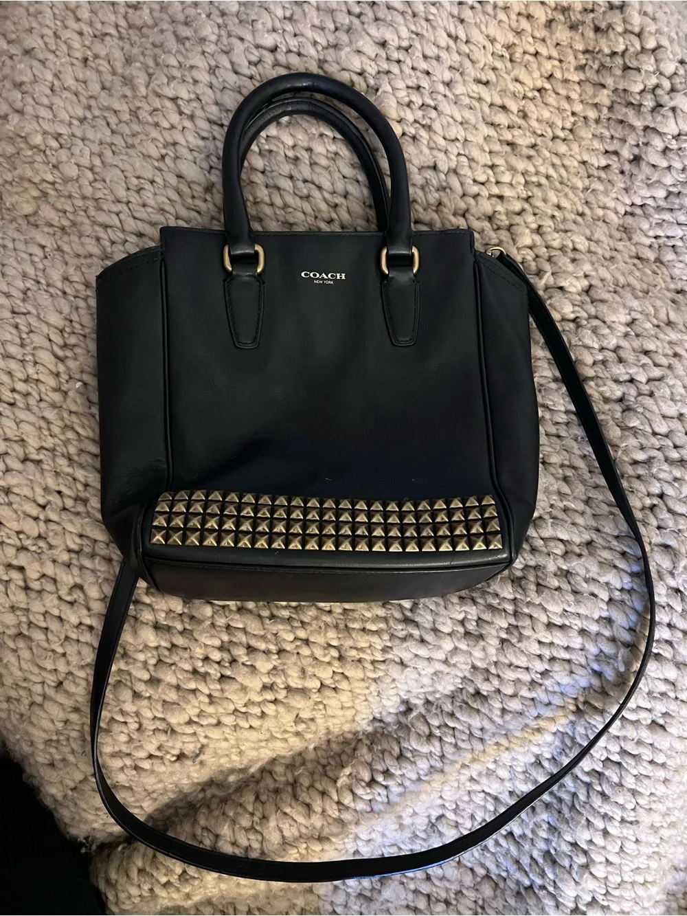 Coach Black Leather Satchel with Gold Stud Trim